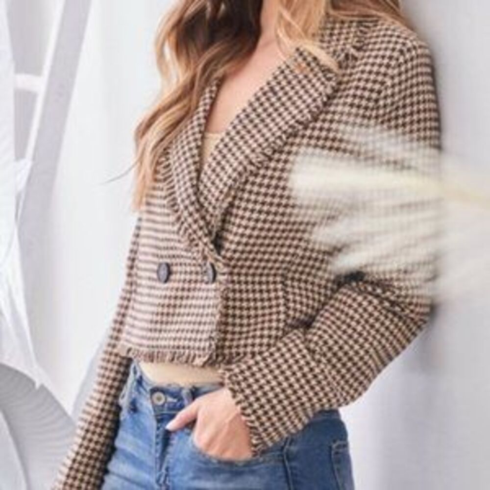ZARA work chic houndstooth plaid print fringe detailed